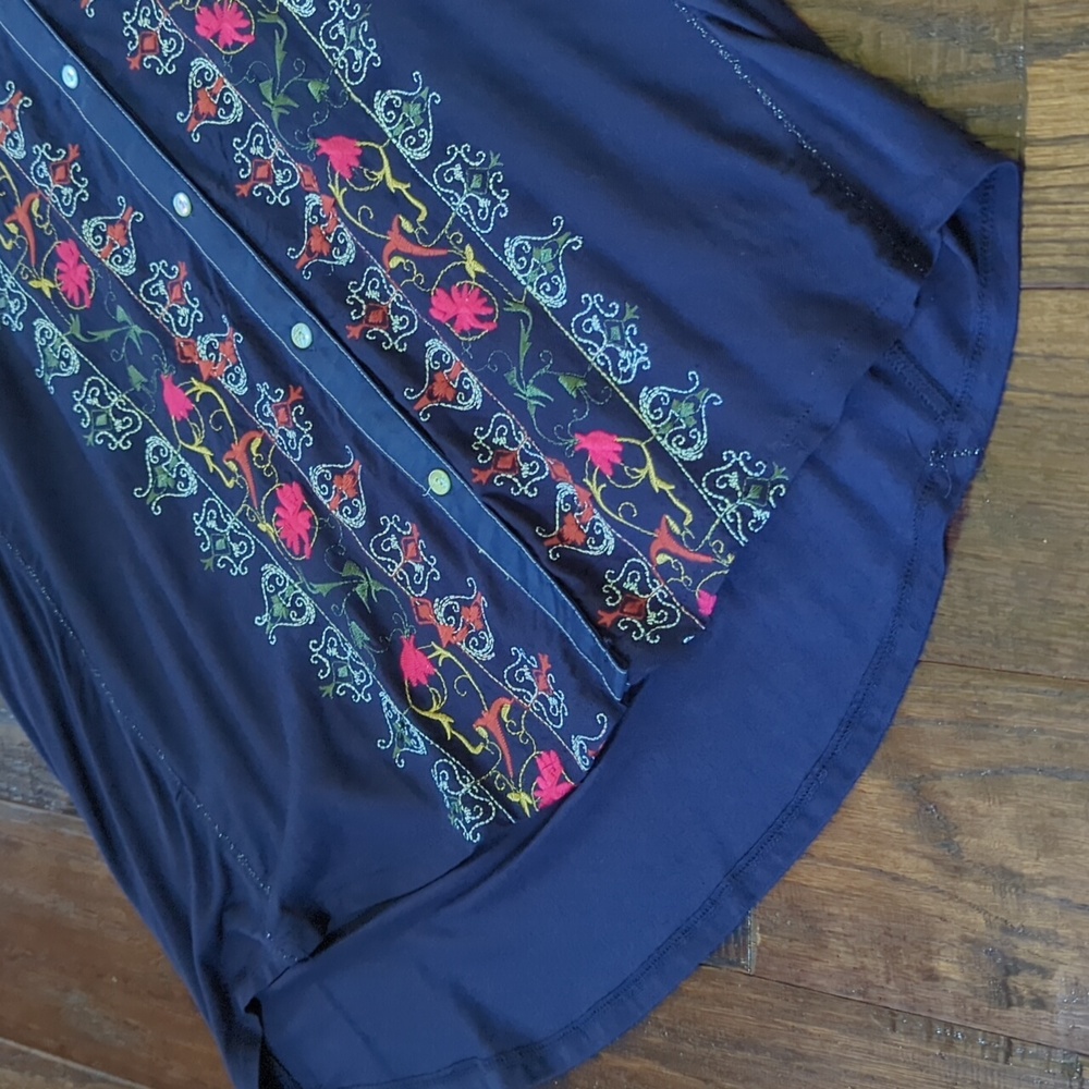 ANTHRO I Boho Navy Blue Plein Air Floral Embroidered Shirt Dress by Tiny, S - Picture 5 of 16